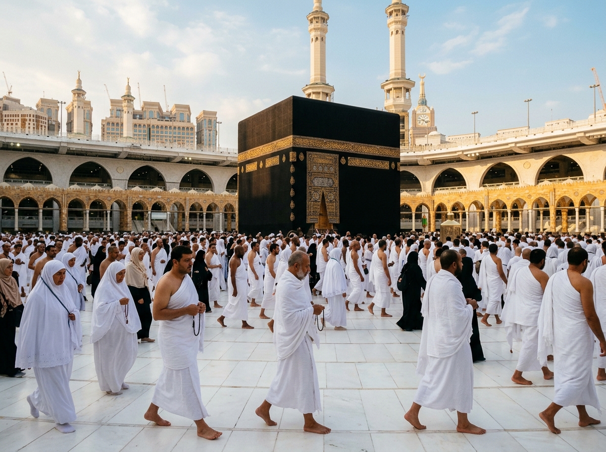 Pilgrims performing Tawaf in white Ihram